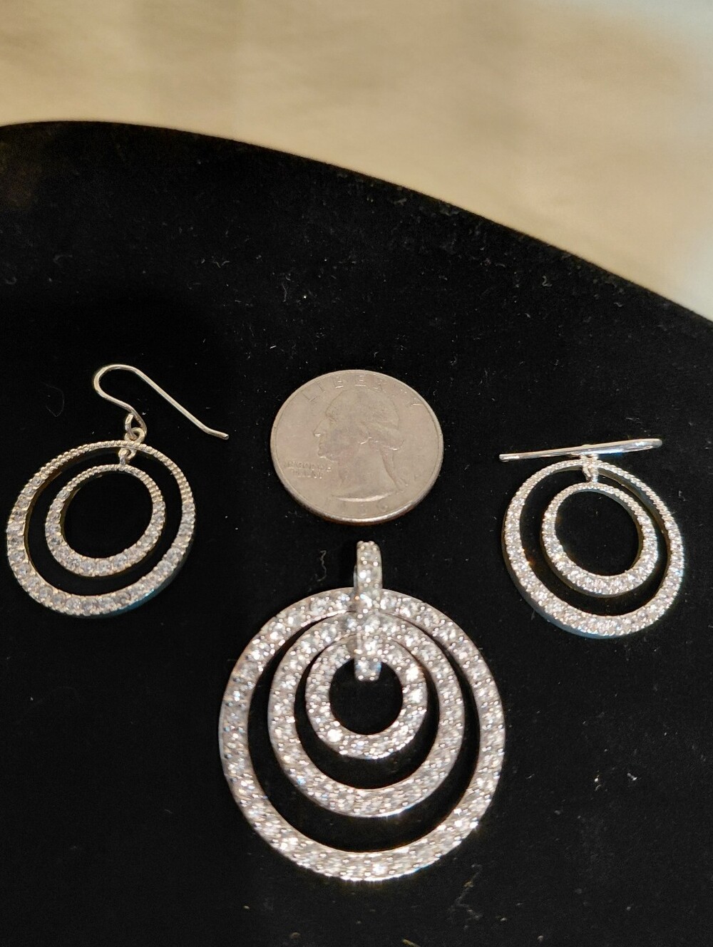 Nolan Miller Sterling Silver Crystal Triple Circle Pendant and Earrings Set